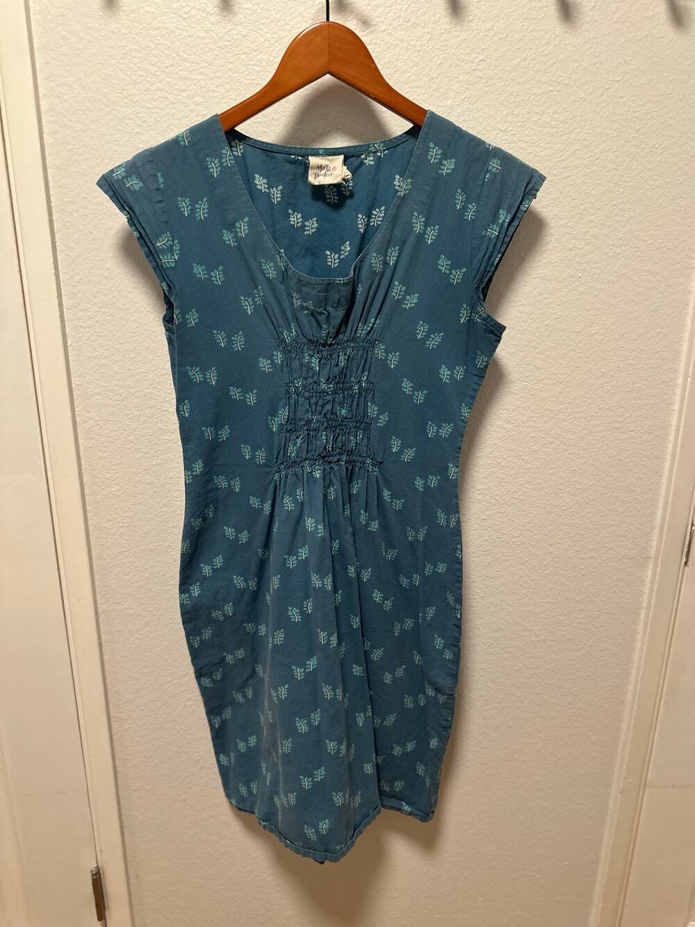 Mata Traders Teal Blue Cap Sleeve Ruched/Smocked Cotton Dress Size XS